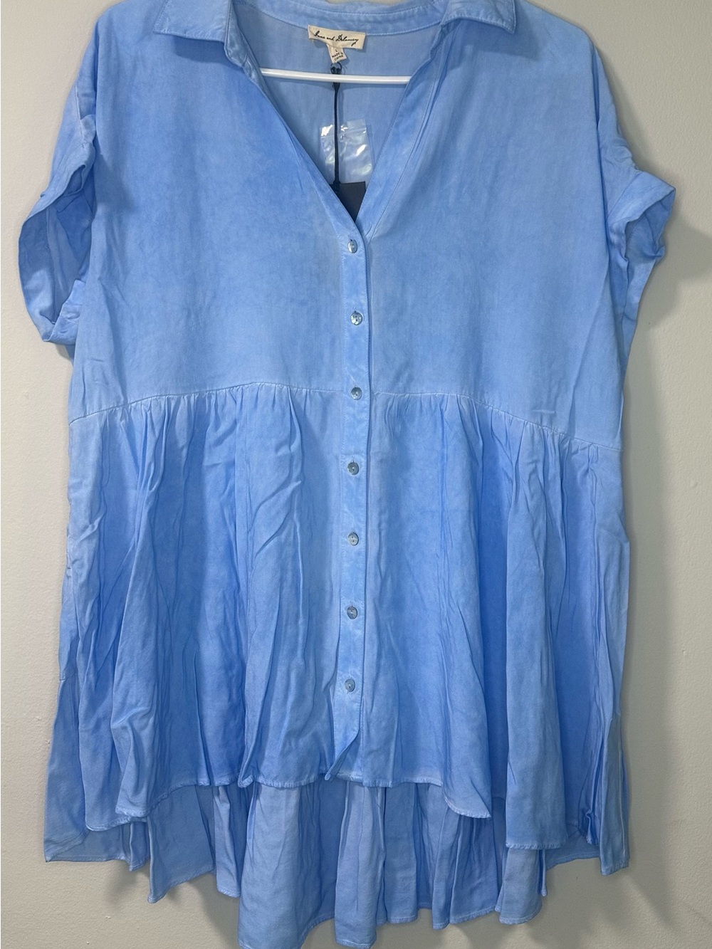 Jane and Delancey Sky Blue Button-Front Ruffle Tunic